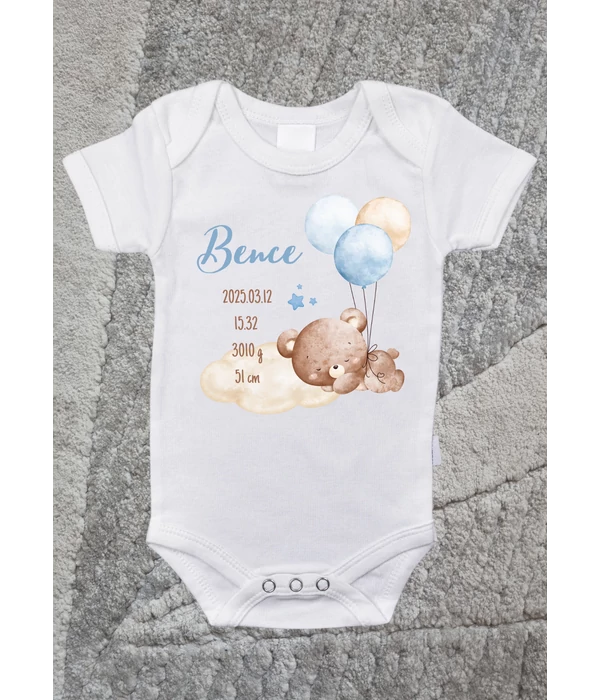 Bence(saját névvel és adatokkal) - Egyedi macis születési emlékőrző baba body