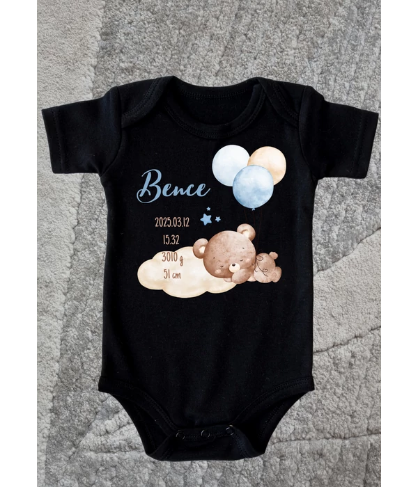 Bence(saját névvel és adatokkal) - Egyedi macis születési emlékőrző baba body