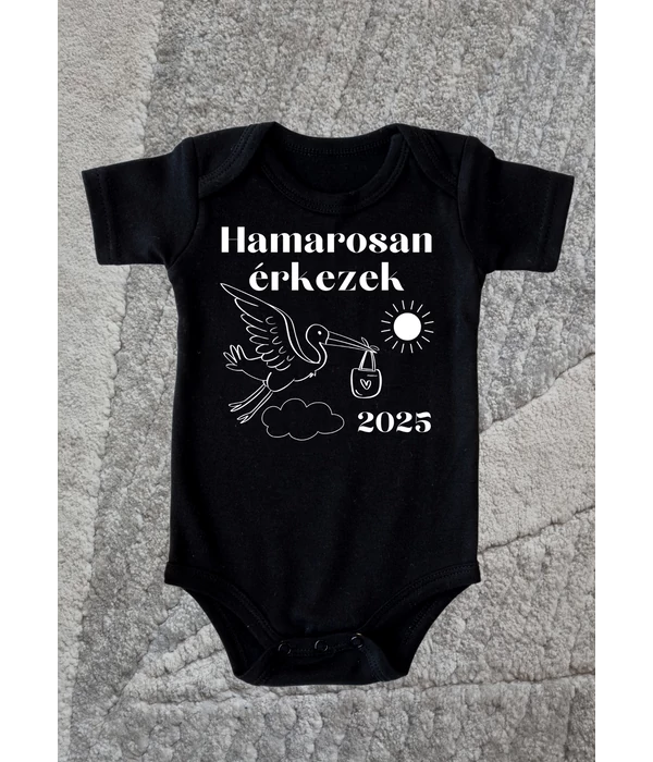 Hamarosan érkezek - 2025 - Babavárást bejelentő gólyás baba body
