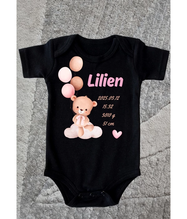 Lilien(saját név és adatok) - Egyedi macis születési emlékőrző baba body