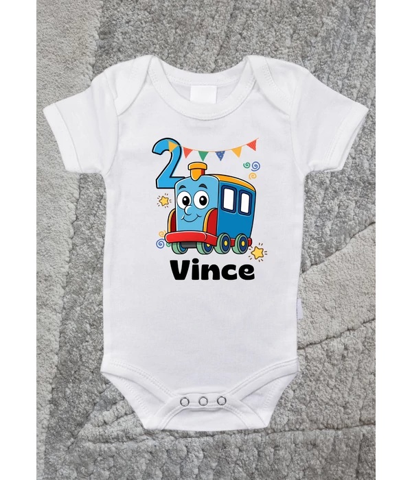 Vince (saját név) 2 (saját életkor) - vonat - Egyedi születésnapi body/gyerek póló