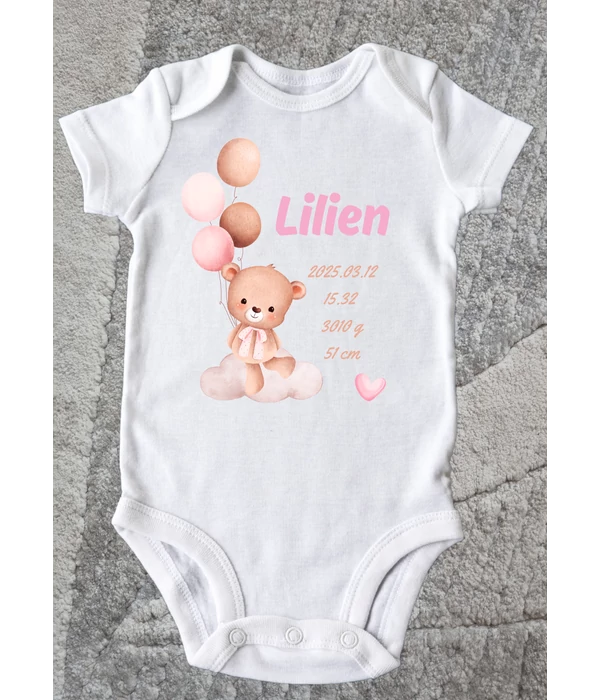 Lilien(saját név és adatok) - Egyedi macis születési emlékőrző baba body