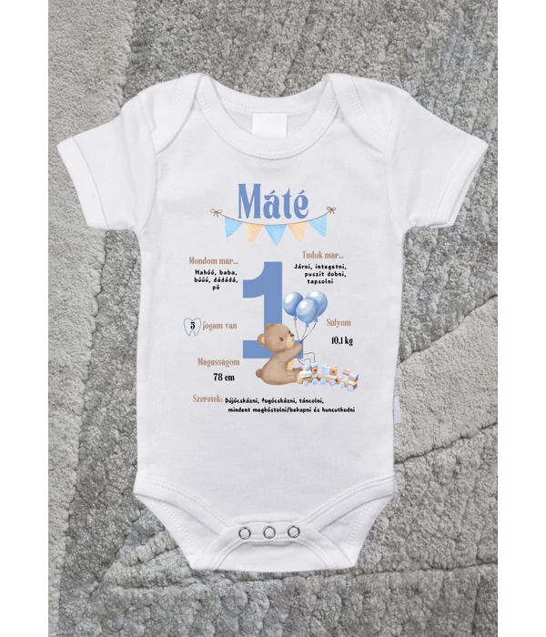 Máté(saját név) 1 éves - Egyedi adatokkal, első születésnapi baba body