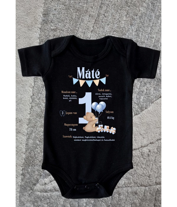 Máté(saját név) 1 éves - Egyedi adatokkal, első születésnapi baba body