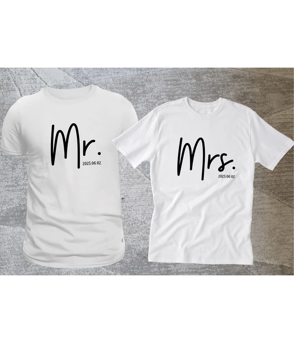 Mr. & Mrs. - 2025.06.02. (saját házasságkötés dátuma) - Egyedi esküvői páros póló